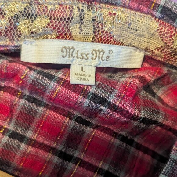 Miss Me Plaid Rhinestone Cross Lace Button Shirt Boho Bling Western Rodeo - Picture 4 of 9